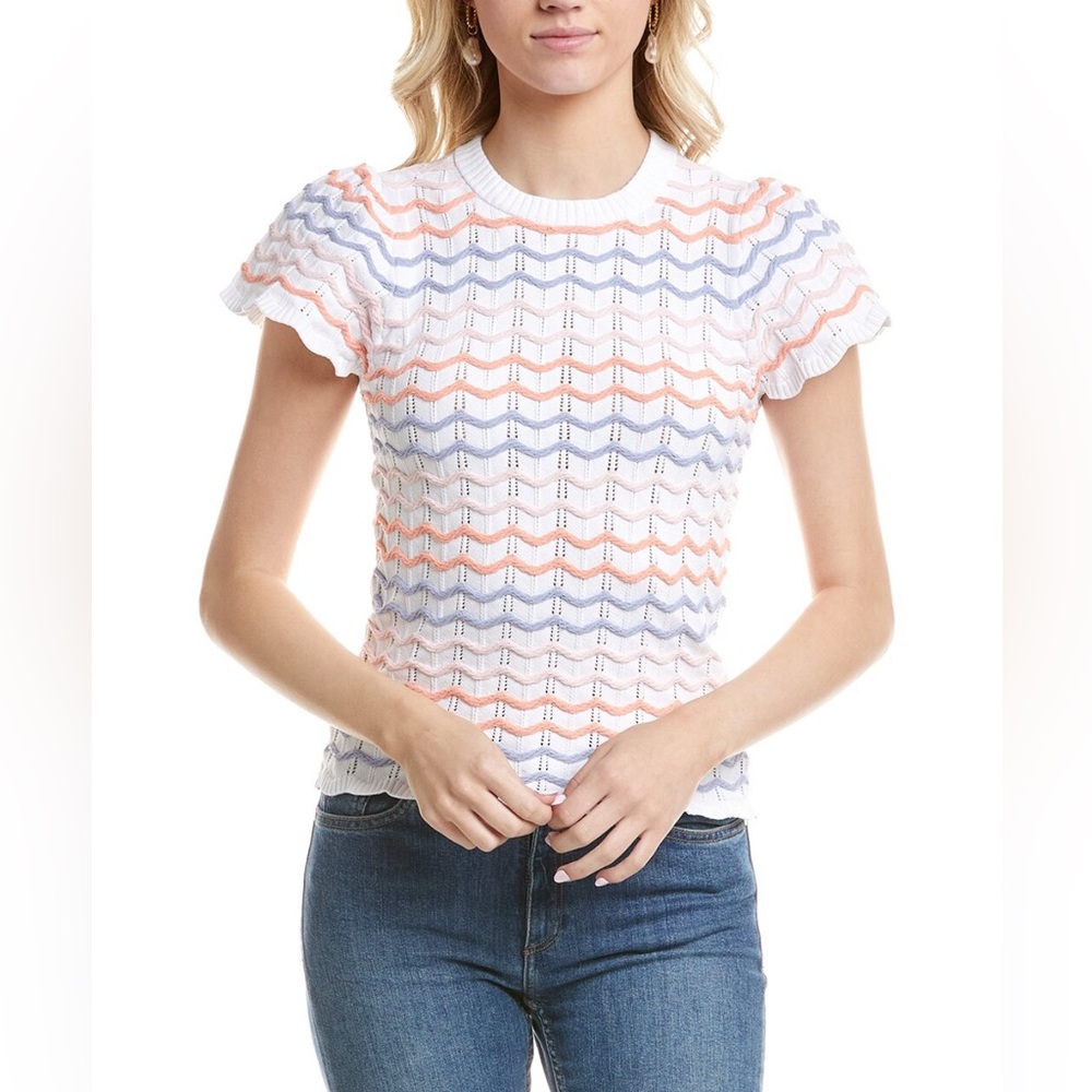 Design History Blue and Pink Ruffled Cap Sleeve T-Shirt